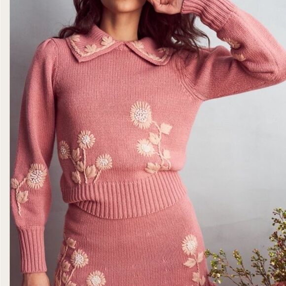 LoveShackFancy Union Collared Pullover Sweater- Rose - Picture 1 of 6